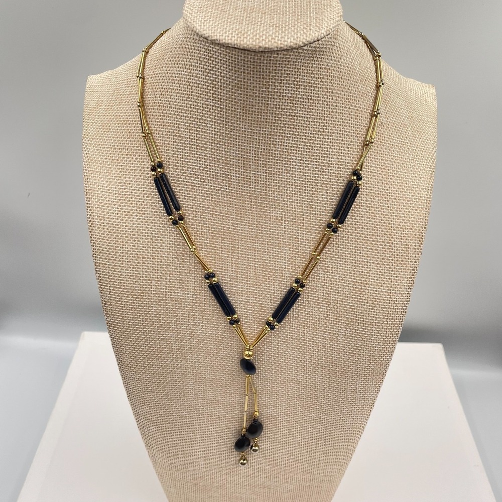 Vintage Black Gold Y Necklace Liquid Gold Tone Tube Bead Dangle Drop 19" Elegant